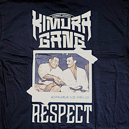 Navy blue t-shirt with 'Kimura Gang' graphic and two people in white martial arts uniforms.