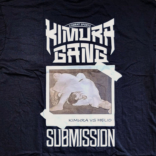 Black t-shirt with 'Kimura Gang' and 'Submission' graphic on a textured surface