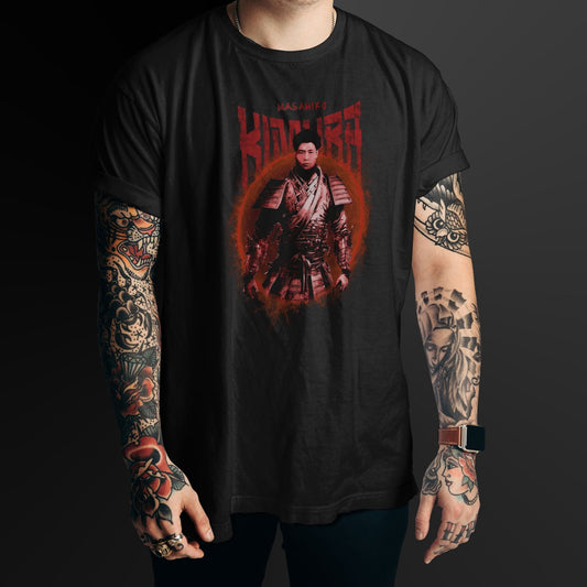 Person wearing a black t-shirt with a graphic design of a character in a red circle