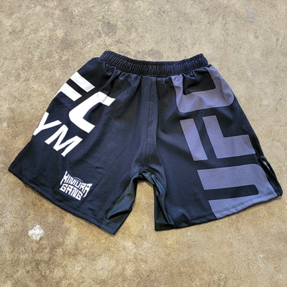 Black shorts with white and gray UFC Gym logos and white Kimura Gang Logo